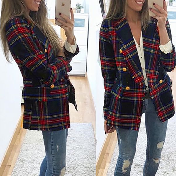 

vintage double breasted frayed checked tweed blazers coat women 2019 fashion pockets plaid ladies outerwear casual casaco femme, White;black