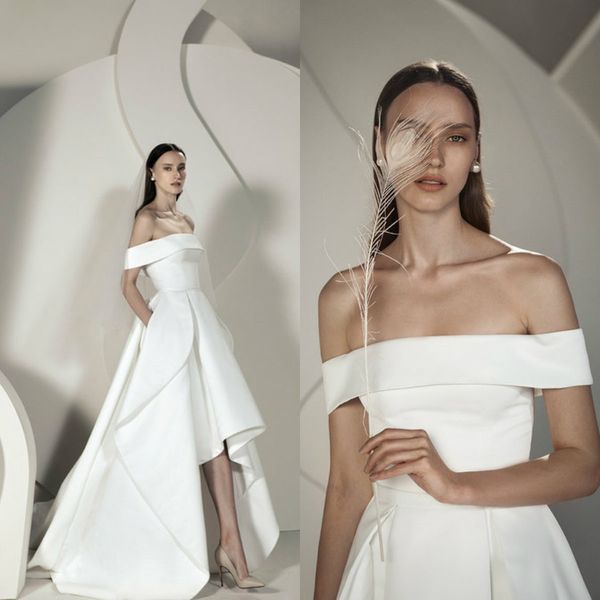 

2020 high low wedding dresses with pocket satin off shoulder ruffles sweep train beach wedding dress custom made bridal gowns, White
