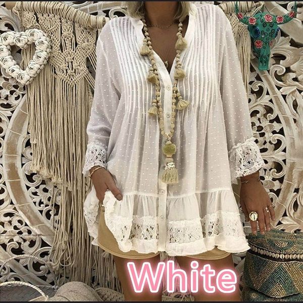 

женщины одежда блузы для женщин 2019 размер lace сыпучие блуза топы boho с длинным рукавом v шеи рубашки женщины плюс размер 4xl 5xl, White