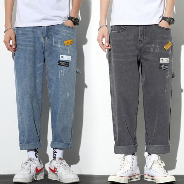

jeans men's summer long thin section straight nine points leisure han edition joker wide-legged pants men's trousers, Blue