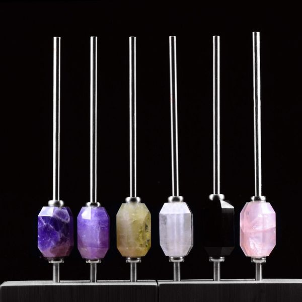 

reusable adjustable 304 stainless steel drinking straws with natural crystal healing quartz column, 6 colors, gift box