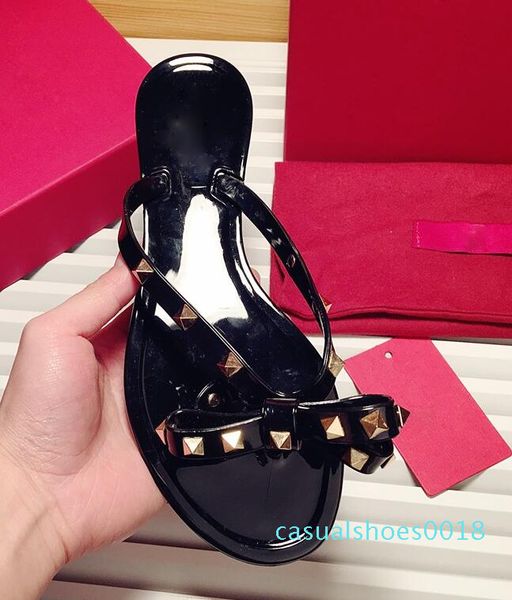 

новый 2018 высокое качество женщина летние сандалии заклепки большой бантом вьетнамки пляж сандалии femininas плоские желе дизайнерские санд, Black