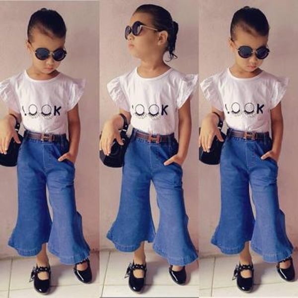 

baby girls outfits 2019 new style summer kids white t shirt+jeans flared trousers 2 pcs set children fashion clothing