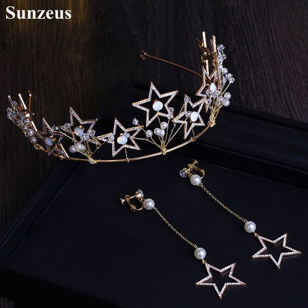 

pearls rhinestones gold headband bridal crown hair accessories 2019 stars earrings accessory set pamelas para bodas sha80