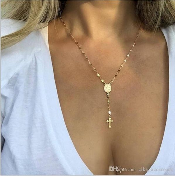 

2018 fashion necklace virgin mary madonna oval-shaped cross pendant gold silver plated metal chain lady girls necklace