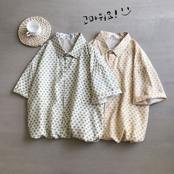 

summer new dress shirt men fashion dot print casual shirt man streetwear trend wild hip hop loose short-sleeved male, White;black