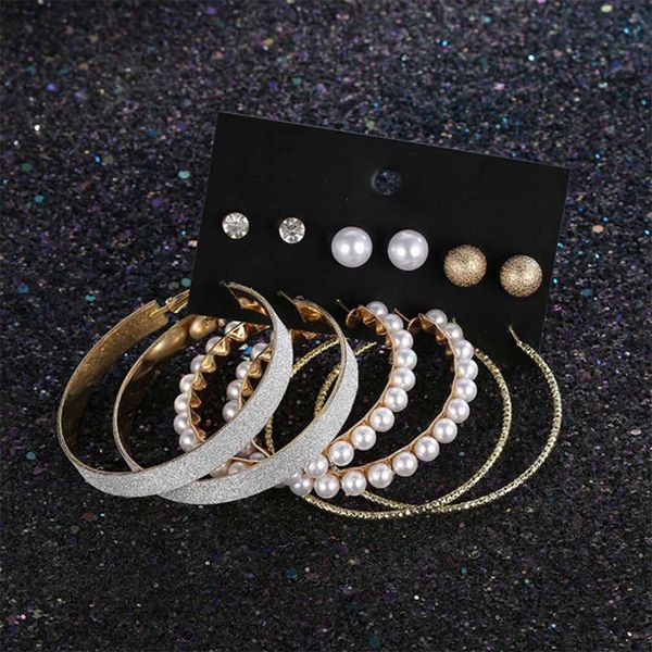 

6 pairs/set punk exaggerated geometric big round hoop earrings set for women statement jewelry female pearl circle earring, Golden;silver