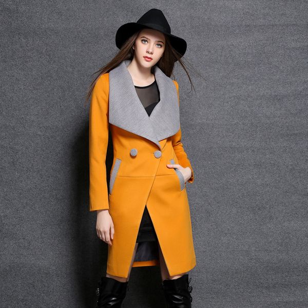 

2018 fall wineter korean womens yellow red grey double breasted woolen coat , woman clothes overcoat , women slim wool coats, Black