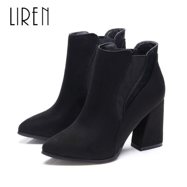 

liren 2019 spring/autumn women fashion flock ankle zip boots high square heels pointed toe comfortable lady boots, Black