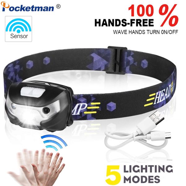 

new mini 5000lm sensor led headlamp body motion sensor led headlight portable handy headlamp for outdoor activities by usb cable