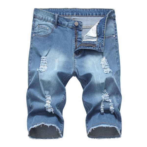 

leisure mens ripped short jeans brand clothing summer 2019 loose recreational break hole drape inside turn over denim male, White;black