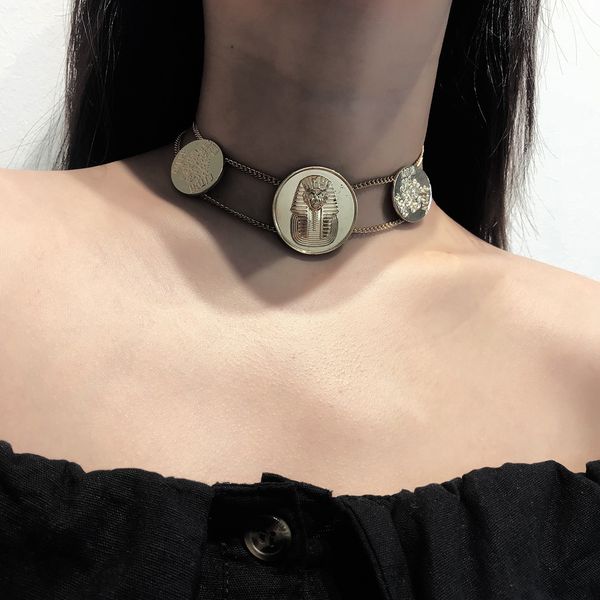 

exaggerated retro relief pharaoh necklace simple short round brand coin necklace women, Golden;silver