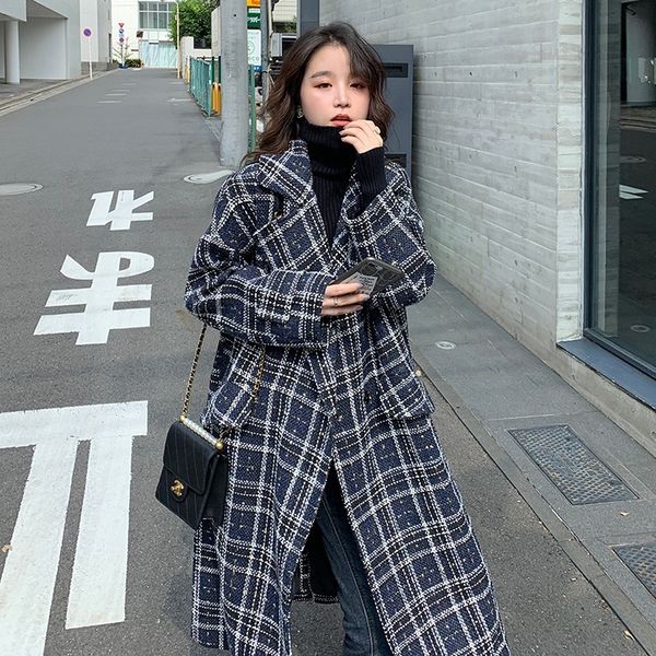 

plaid blend women clothes 2020 new autumn winter fashion loose casual turn down collar full sleeve coat top, Black