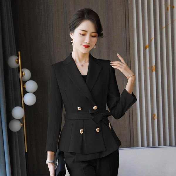 

elegant women pant suit sets ruffle double breasted long sleeve blazer coats two piece office lady jacket coats big size, White;black