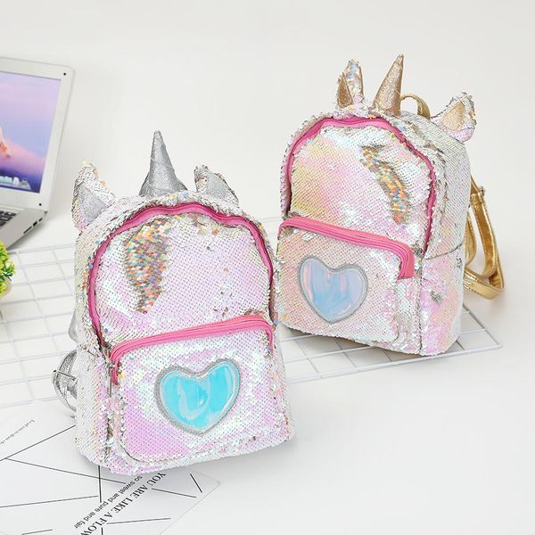 

sequin unicorn backpack love heart cartoon school bag bling students backpacks travel beach totes paillette fashion shoulder bags gga1402
