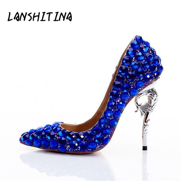 

women shoes high heels wedding pointed toe heels blue diamond genuine leather dress shoe bride shoes crystal pumps party mujer, Black;white