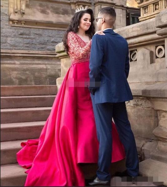 

2019 luxury beading red prom dresses with overskirt mermaid satin long illusion sleeves square neck evening party gowns vestido de novia, Black