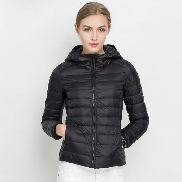 

winter women ultra light down jacket white duck down hooded jackets long sleeve warm coat parka female solid portable outwear, Black