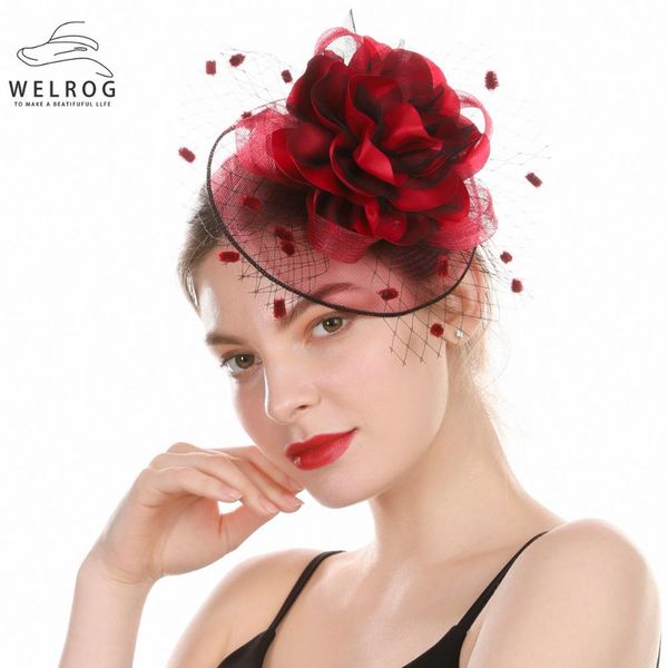 

welrog женщины mesh чародей hat свадьба элегантный головной убор ленты большой цветок solid color veil hat люкс заколки для волос ptufw, White