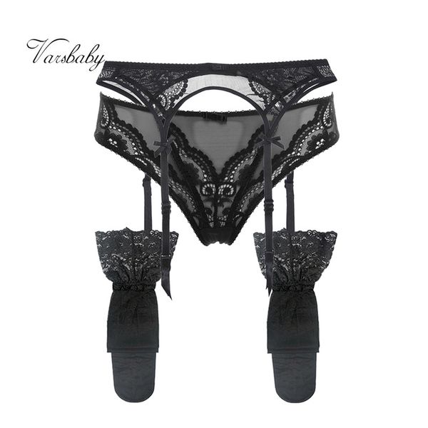 

varsbaby women's lace bow underwear 3 pcs/lots garters+panties+stockings for lady, Black;white