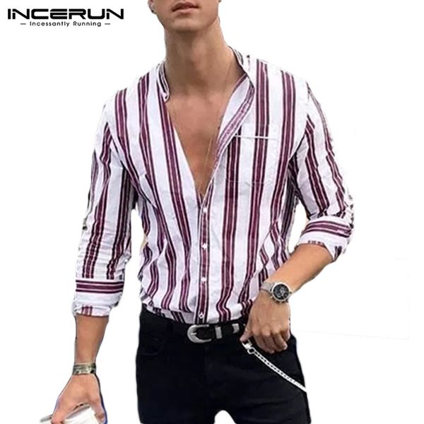 

incerun fashion long sleeve shirt men striped stand collar button high street business brand casual shirts mens 2019 camisa 5xl, White;black