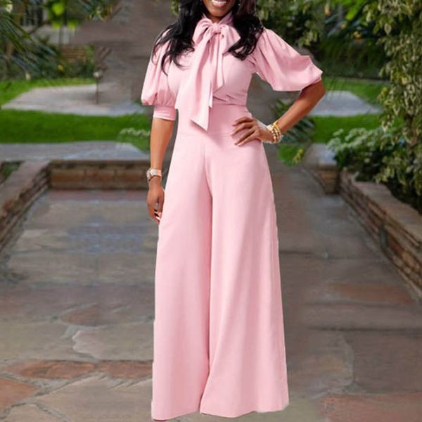 

plain full length slim wide legs jumpsuit women bow neck office lady elegant pink lantern sleeve high waist playsuits female, Black;white