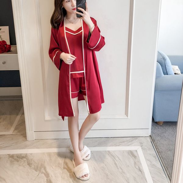 

women's sleepwear three pieces female sets silk satin leisure long sleeves with trouses pyjamas homewear set, Black;red