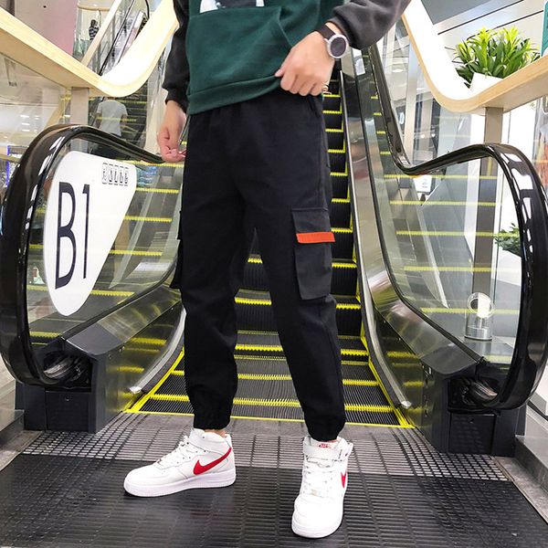 

грузовые штаны мужчины hip hop elastic уэйтс бегуны брюки streetwear стиль хлопок мульти карманные брюки для мужчин 2019 весна осень 985, Black