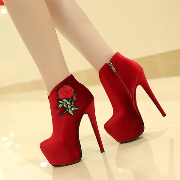 

velvet women ankle boots stiletto 16cm high heel party bride boots winter ladies plus size 2019 heels, Black
