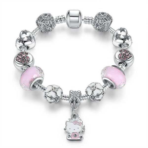 

16-21cm kitty charms fit pandora style bracelet silver bead kids bangle diy jewelry accessories for christmas children women gift with box, Golden;silver
