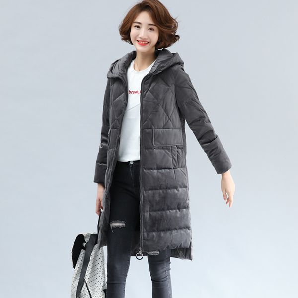 

gold velvet down jacket women's mid-length 2018 new style thick over-the-knee korean-style large size white duck down winter coa, Black;white