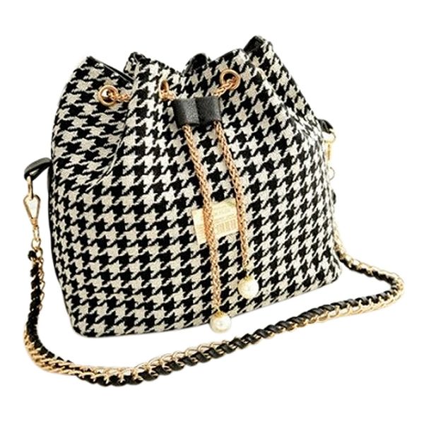 

women houndstooth bag chains fashion bucket bag canvas patchwork shoulder bag messenger bags black and white grid
