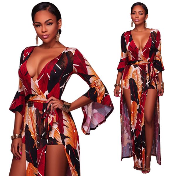 

2018 amazon quality explosion models in europe and america womens clothing dress deep v bell-sleeve high slit feather print dress, White;black