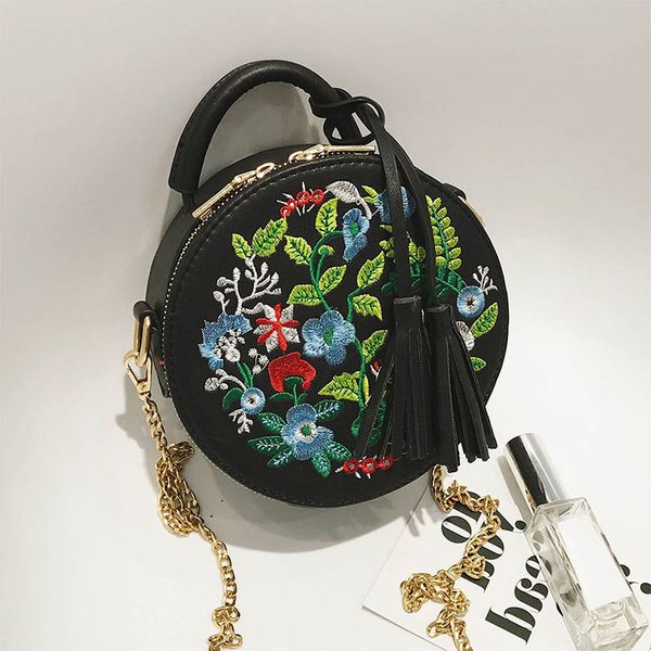 

2018 new fashion women embroidery flower round handbag pu leather tassel shoulder bag chain crossbody bag bolsa feminina sac