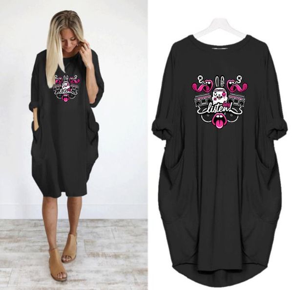 

designer womens dress new brand one piece loose cloth knee length dress with bunny printing casual cute style size s-5xl wholesales, Black;gray