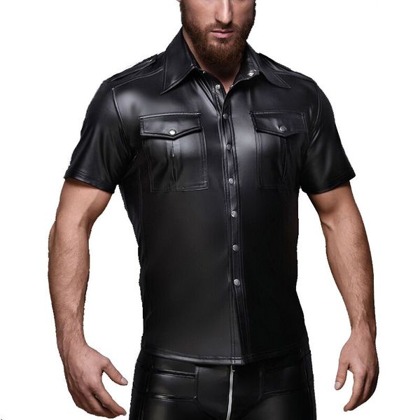 

Sexy Black Faux Leather Shirt Wet Look Stretch Undershirt Latex Novelty Short Sleeve Uniform Clubwear Stage Costume