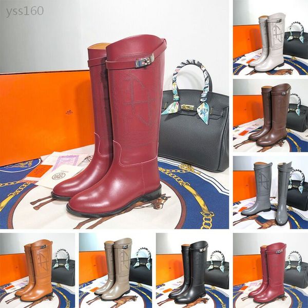 

2019 autumn and winter new women's calfskin boots flat bottom with and knees luxury high boots martin women's boots, Black