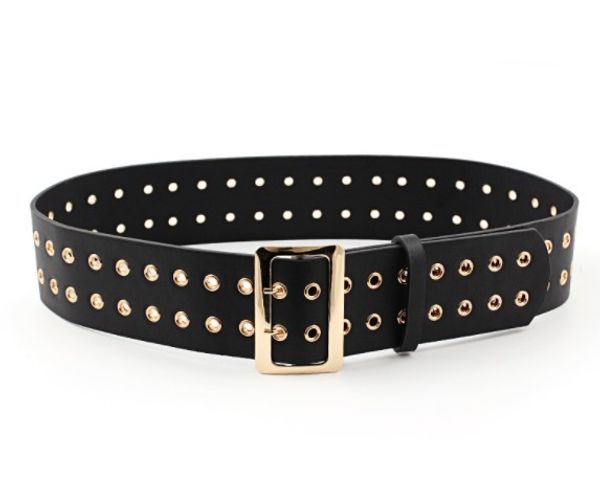 

double pin buckle belt double row faux leather belt for women 2020 new fashion in stock wholesale, Black;brown