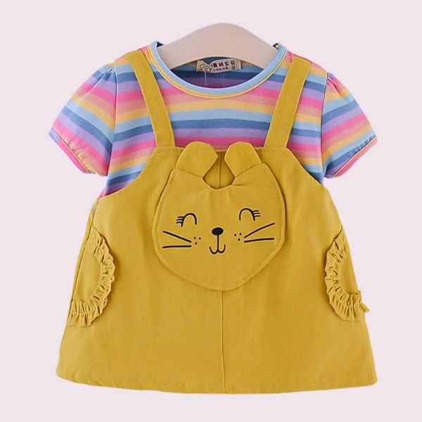 

infant dress girl rainbow striped party dress for girls patchwork fake 2pcs toddler girls summer cute baby clothes, Red;yellow