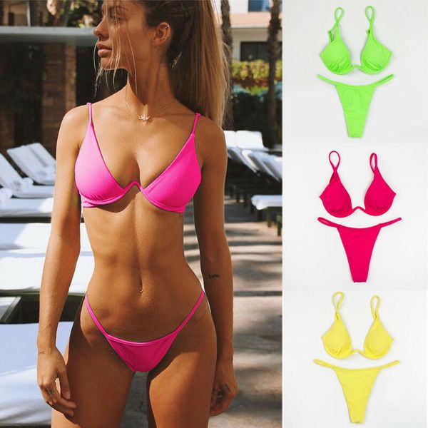 

2020 summer casual women solid color push up padded underwire bikini sets beachwear bathing holiday surfing costume