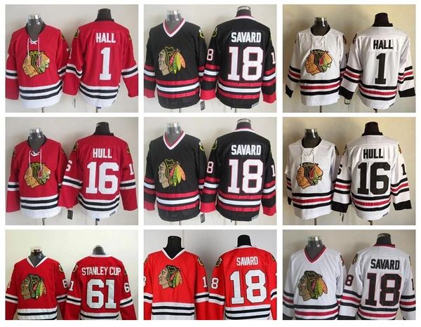 

new 16 brett hull jersey men chicago blackhawks 1 glenn hall 18 denis savard 61 stanley cup vintage ccm hockey jerseys ice, Black;red