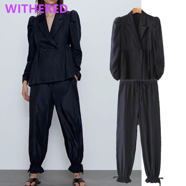 

withered england style solid vintage puff sleeve texture pleated blazer women jackets leg loop harem pants women trousers, White;black