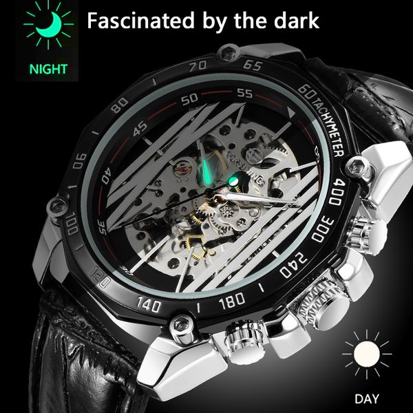 

forsining skeleton skeleton mechanical men's watch fashion leather strap business clock reloj hombres, Slivery;brown