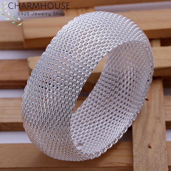 

solid 925 silver bangle & bracelets for women mesh round wide cuff bangles wristband pulseira femme wedding jewelry accessories, Black