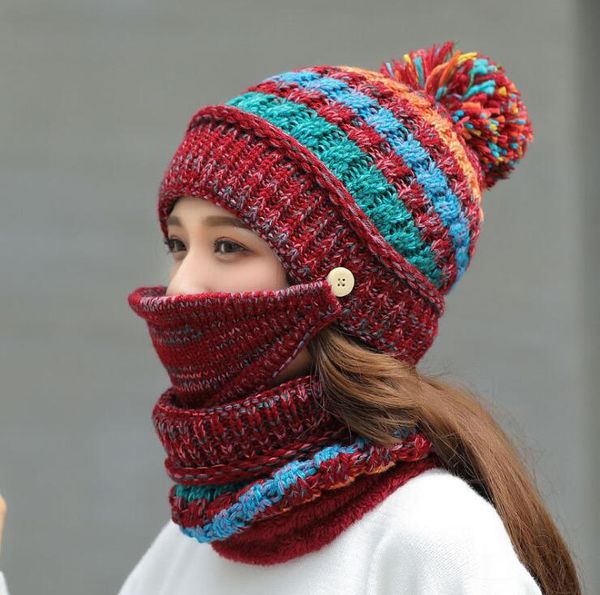 Chapéus de Inverno de malha Mulheres Hat Quente Fur Pompom Cap Bib Máscara Ear Protector lenço 3 em 1 quentes Chapéus