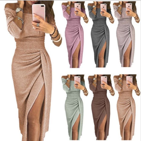 

women dress slash neck package hip split sequin dresses ladies bandage party night club mid-calf bling bling dress, Black;gray