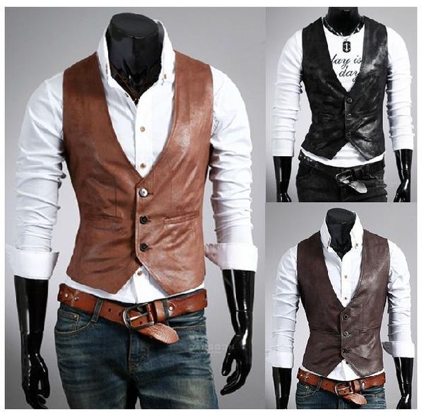 

pu leather vest men sleeveless v neck single breasted two pockets design brief stylish mens dress vest ing, Black;white