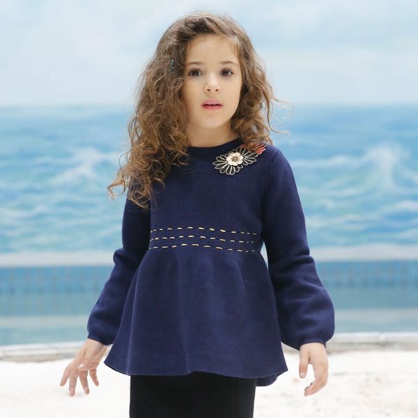

winter sweater for girls fashion appliques children autumn sweater 2-8 years kids solid lantern sleeve, Blue