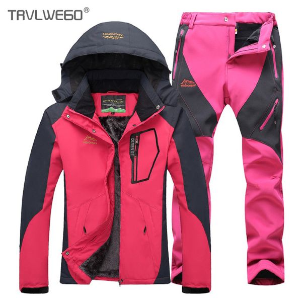 

trvlwego women winter waterproof fishing thermal pant trekking hiking camping skiing climbing 3 in 1 outdoor jackets set suit, Blue;black