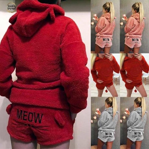 

ladies womens warm long sleeve hoodie+shorts tow piece set pajamas outfits sleepwear drop shipping good quality, Gray